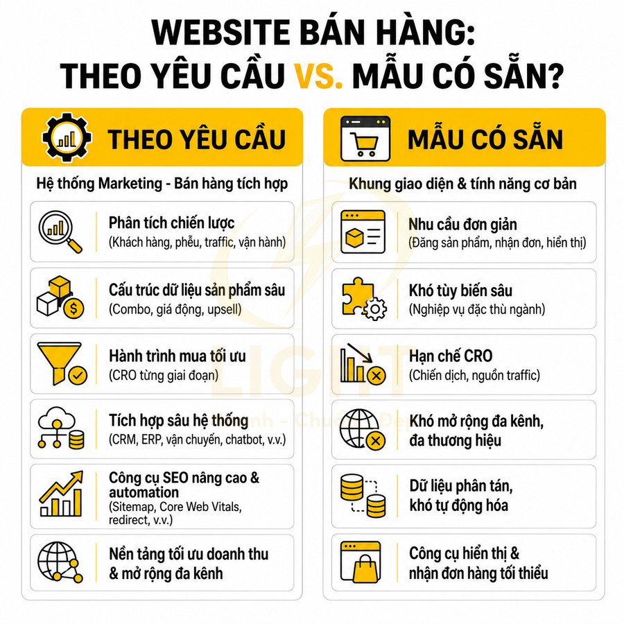 So sánh website bán hàng theo yêu cầu và website mẫu có sẵn với các tính năng marketing và bán hàng chi tiết