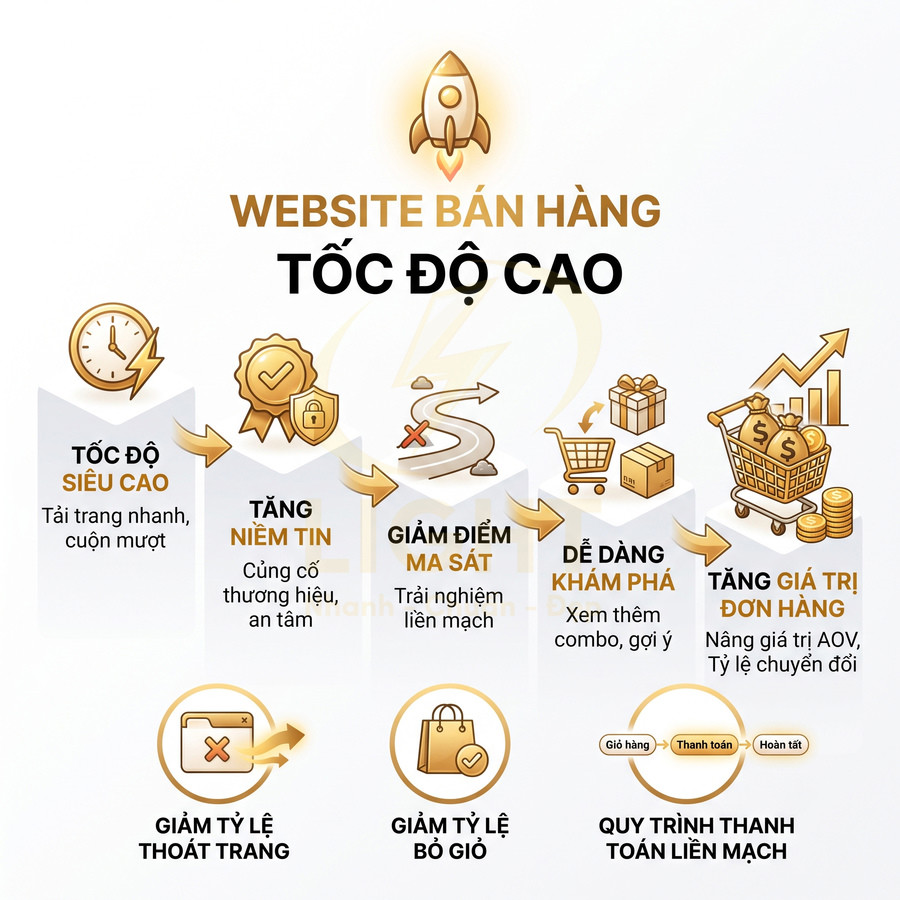 Infographic lợi ích website bán hàng tốc độ cao giúp tăng niềm tin, giảm thoát trang và tăng giá trị đơn hàng