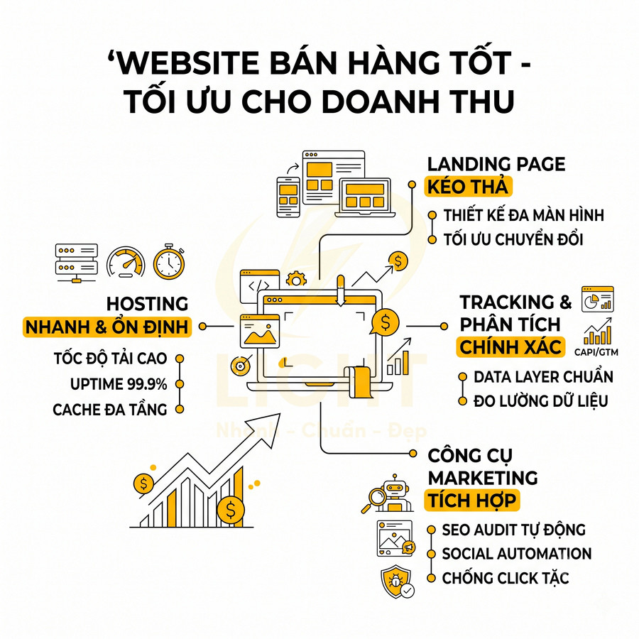 Mô hình website bán hàng tối ưu doanh thu với hosting nhanh, landing page kéo thả, tracking và công cụ marketing tích hợp