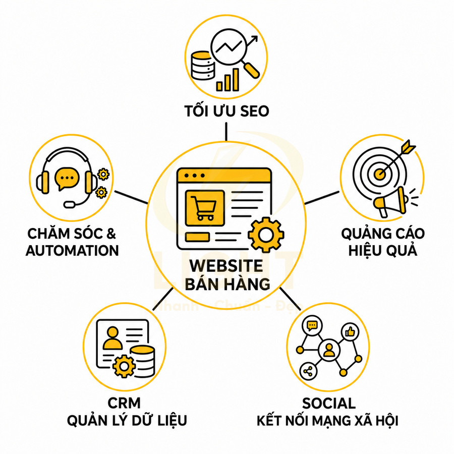 Mô hình website bán hàng với các giải pháp tối ưu SEO, quảng cáo, CRM, chăm sóc khách hàng và mạng xã hội