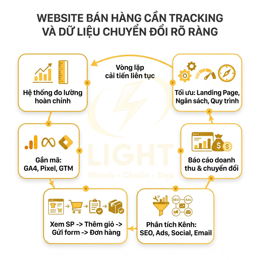 Sơ đồ quy trình tracking và phân tích dữ liệu chuyển đổi cho website bán hàng online