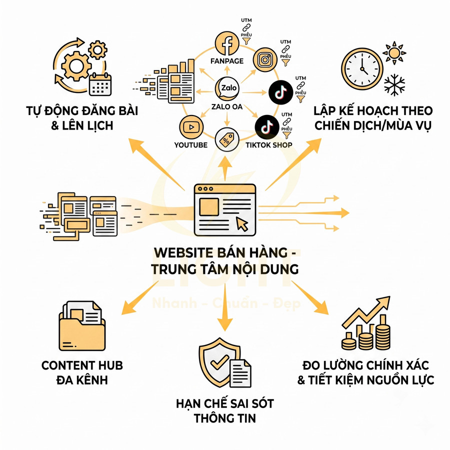 Mô hình website bán hàng làm trung tâm nội dung kết nối fanpage Zalo TikTok YouTube và các kênh marketing