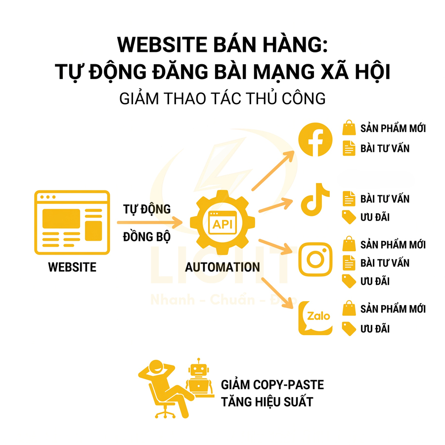 Giải pháp automation đồng bộ website bán hàng với Facebook TikTok Instagram Zalo để tự động đăng bài và tăng hiệu suất