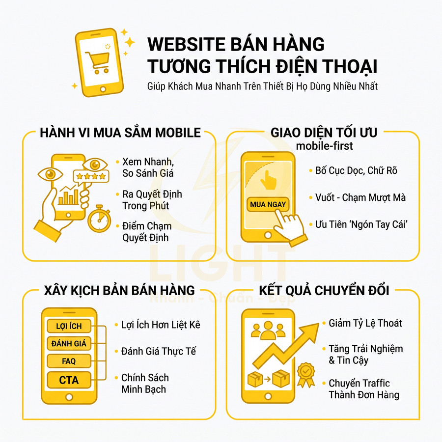 Infographic về website bán hàng tối ưu cho điện thoại di động, tập trung giao diện mobile first và tăng chuyển đổi mua hàng