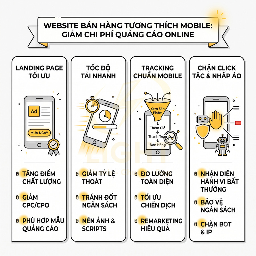 Infographic lợi ích website bán hàng tối ưu cho mobile giúp giảm chi phí quảng cáo online và tăng hiệu quả chuyển đổi