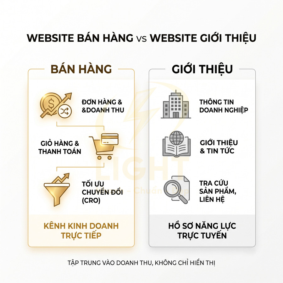 So sánh website bán hàng và website giới thiệu, nêu chức năng và mục tiêu doanh thu cho doanh nghiệp