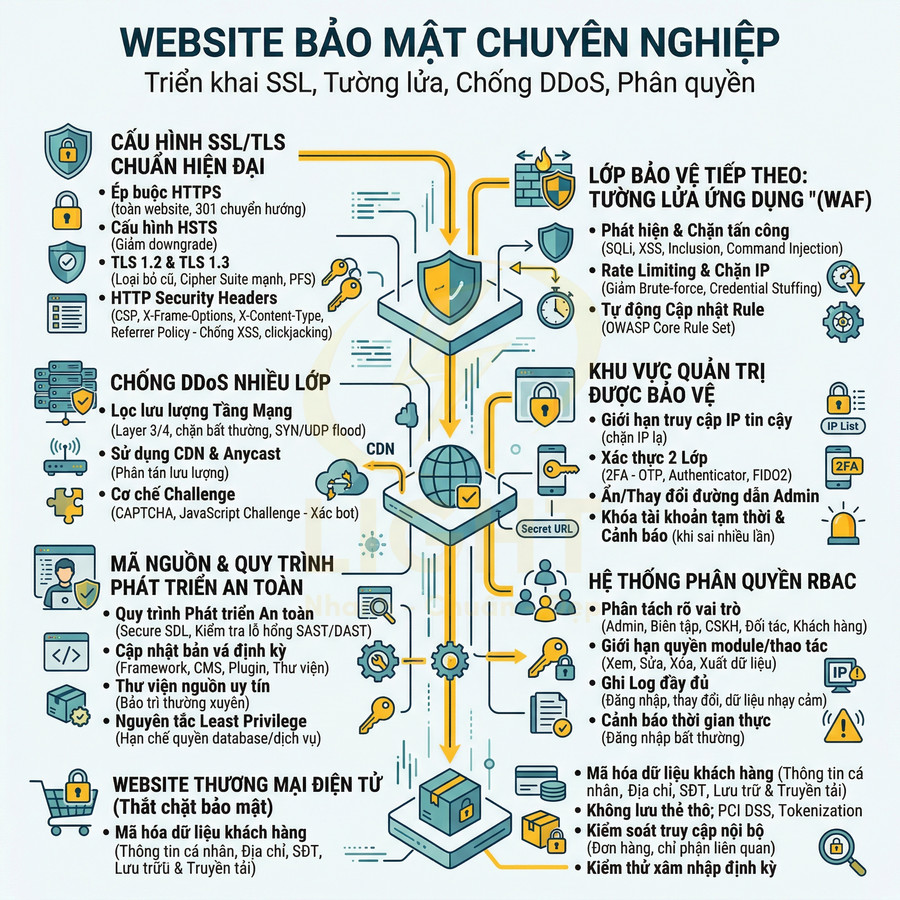 Infographic hướng dẫn bảo mật website chuyên nghiệp với SSL tường lửa chống DDoS phân quyền và bảo vệ dữ liệu