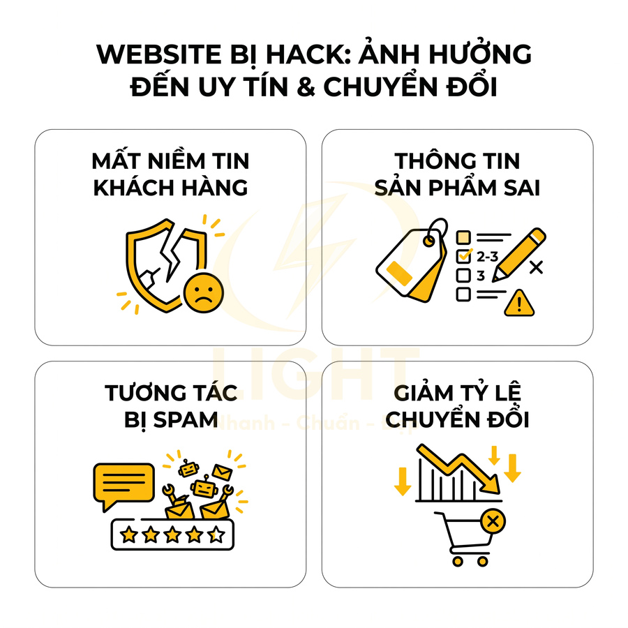 Minh họa website bị hack gây mất niềm tin khách hàng, sai thông tin sản phẩm, spam tương tác và giảm tỷ lệ chuyển đổi