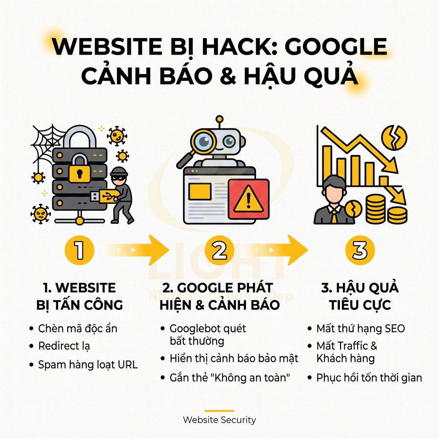 Minh họa quy trình website bị hack, Google cảnh báo bảo mật và hậu quả mất thứ hạng SEO, traffic, doanh thu
