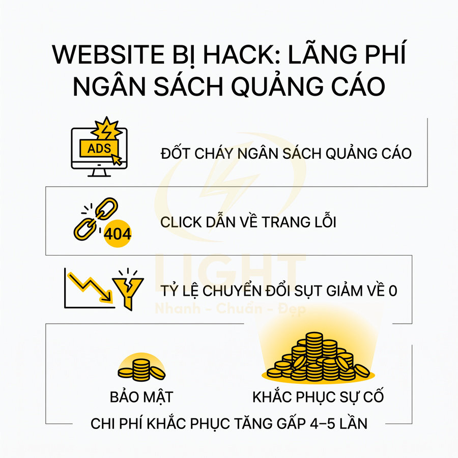 Minh họa website bị hack gây lãng phí ngân sách quảng cáo, giảm chuyển đổi và tăng chi phí khắc phục sự cố