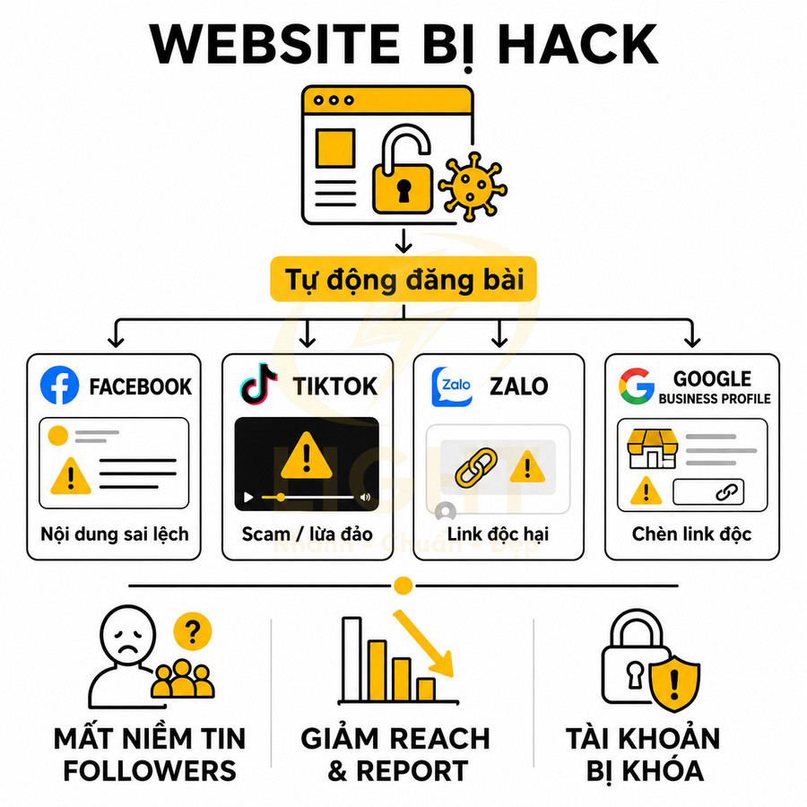 Minh họa website bị hack tự động đăng bài độc hại lên Facebook TikTok Zalo Google gây mất niềm tin và khóa tài khoản
