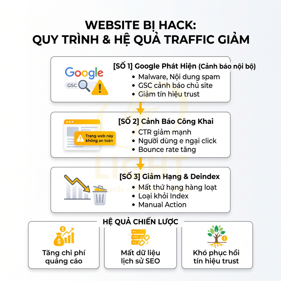 Quy trình website bị hack và hậu quả giảm traffic, giảm thứ hạng Google, tăng chi phí quảng cáo và mất dữ liệu SEO