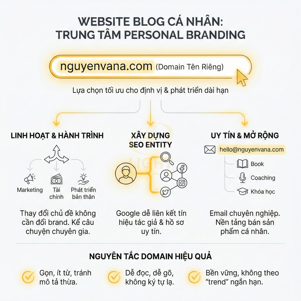 Minh họa lợi ích dùng domain riêng nguyenvana.com xây dựng blog cá nhân và thương hiệu cá nhân