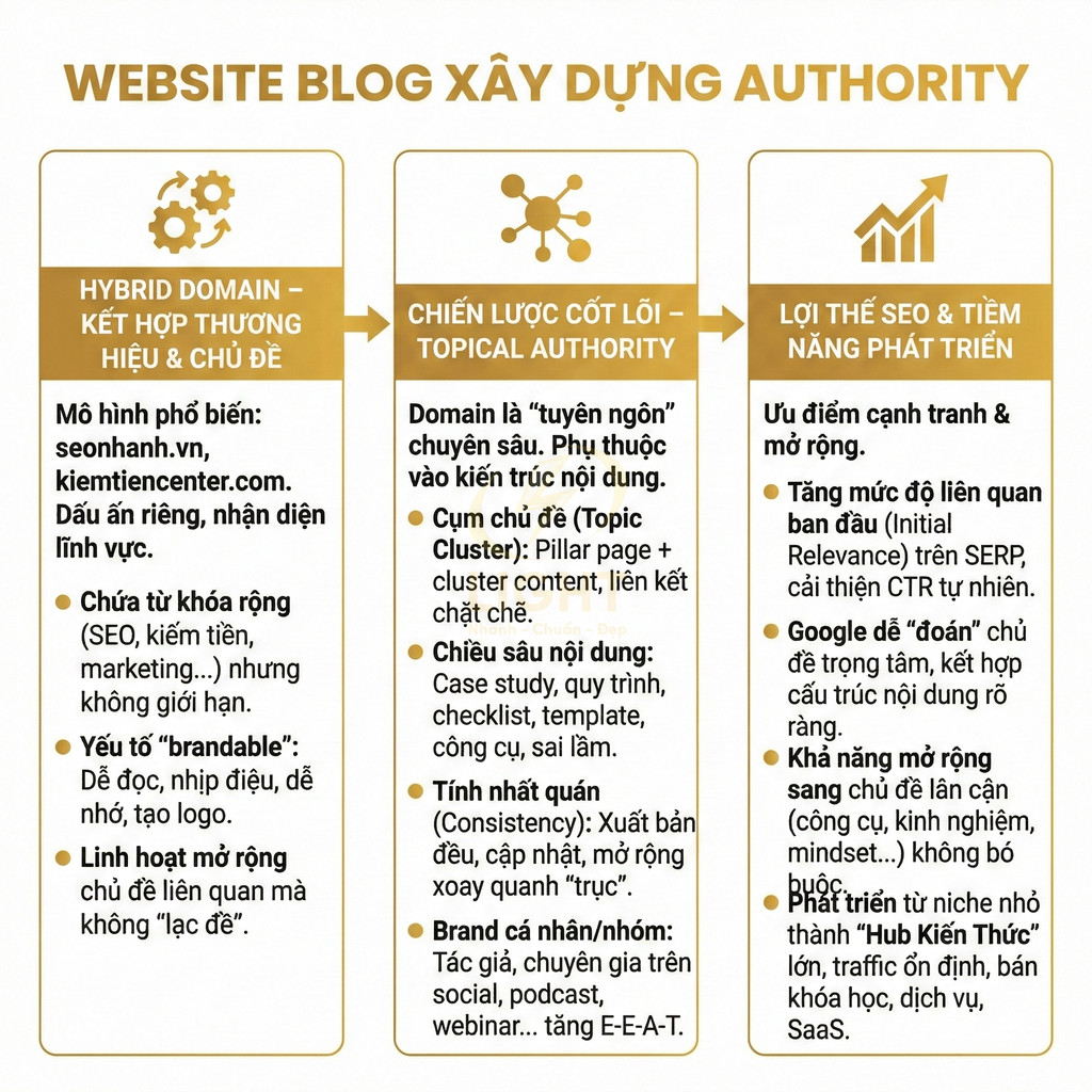 Infographic hướng dẫn xây dựng authority cho website blog với hybrid domain, topical authority và lợi thế SEO