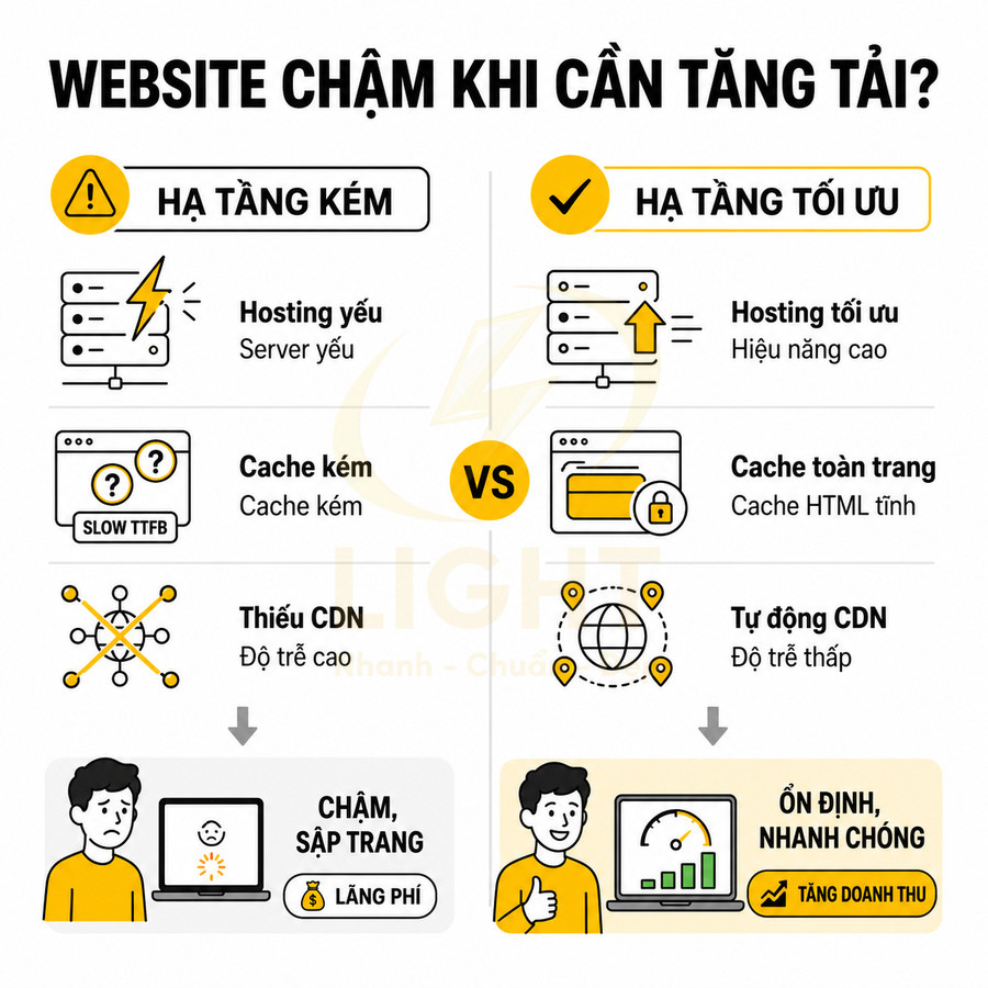 So sánh hạ tầng kém và hạ tầng tối ưu giúp website tải nhanh, ổn định và tăng doanh thu
