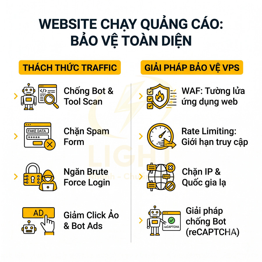 Giải pháp bảo vệ VPS cho website chạy quảng cáo chống bot, spam form, brute force, click ảo và chặn IP lạ