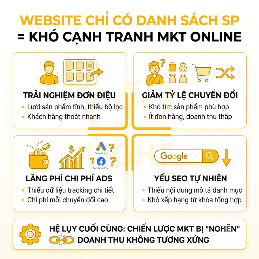 Hình minh họa nhược điểm website chỉ có danh sách sản phẩm, gây lãng phí chi phí ads và yếu SEO tự nhiên
