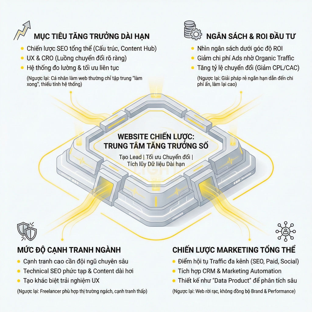 Mô hình website chiến lược làm trung tâm tăng trưởng số với các yếu tố SEO, marketing, ngân sách và cạnh tranh