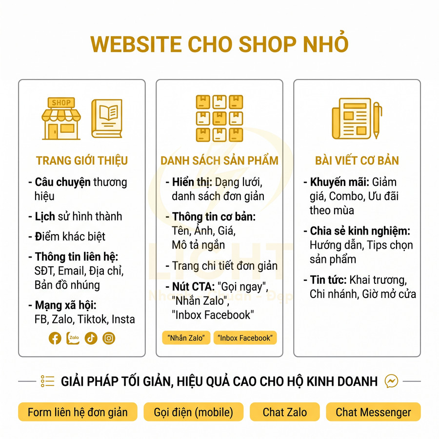 Mẫu giao diện website cho shop nhỏ với trang giới thiệu, danh sách sản phẩm và bài viết cơ bản