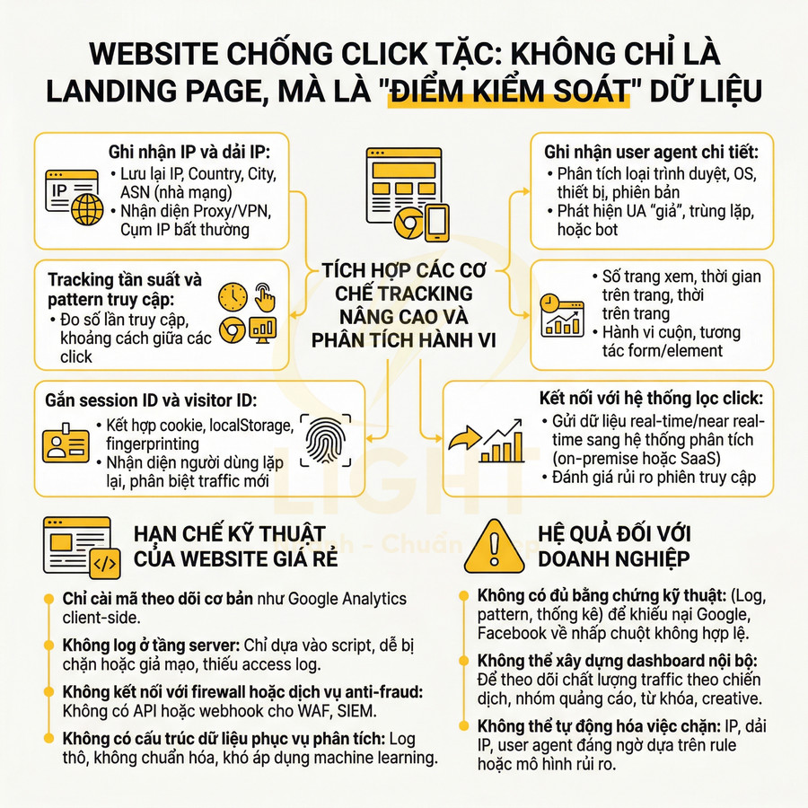 Infographic giới thiệu website chống click tặc với các tính năng tracking nâng cao và phân tích hành vi truy cập