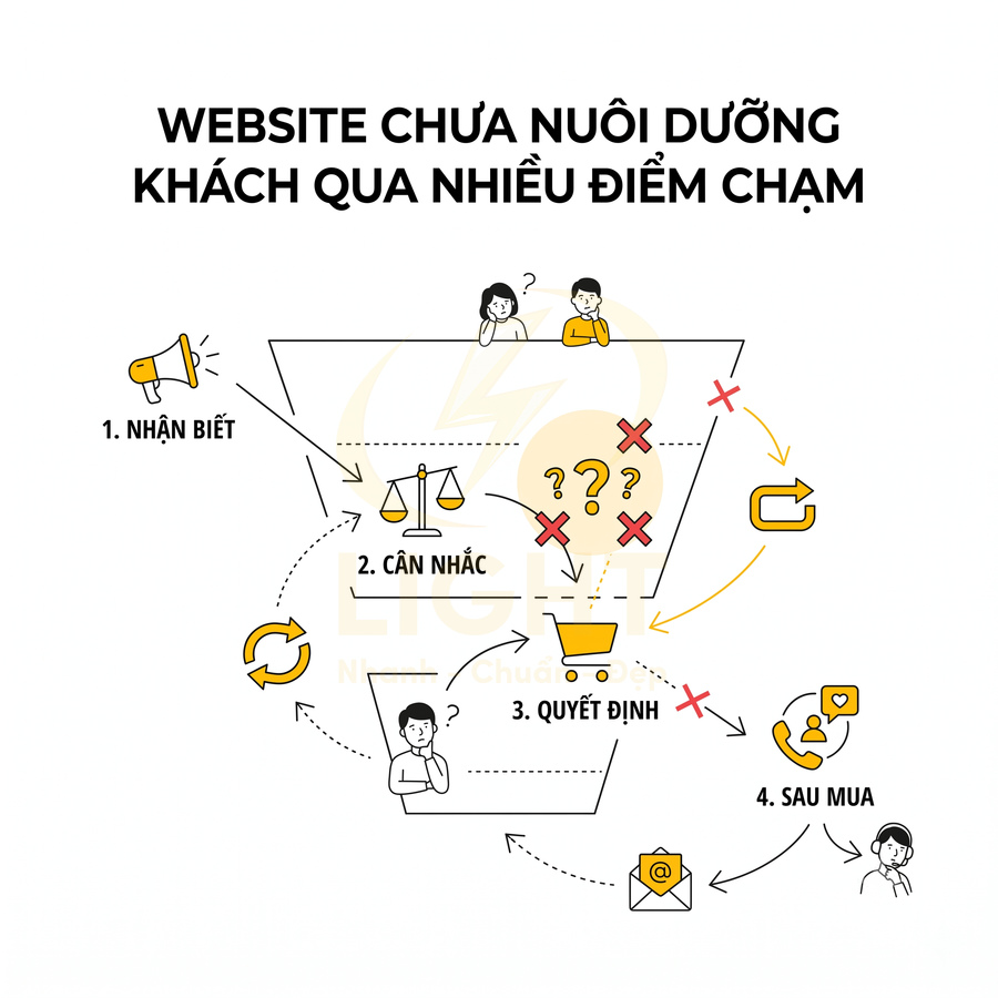 Mô hình phễu marketing minh họa website chưa nuôi dưỡng khách hàng qua các giai đoạn nhận biết đến sau mua