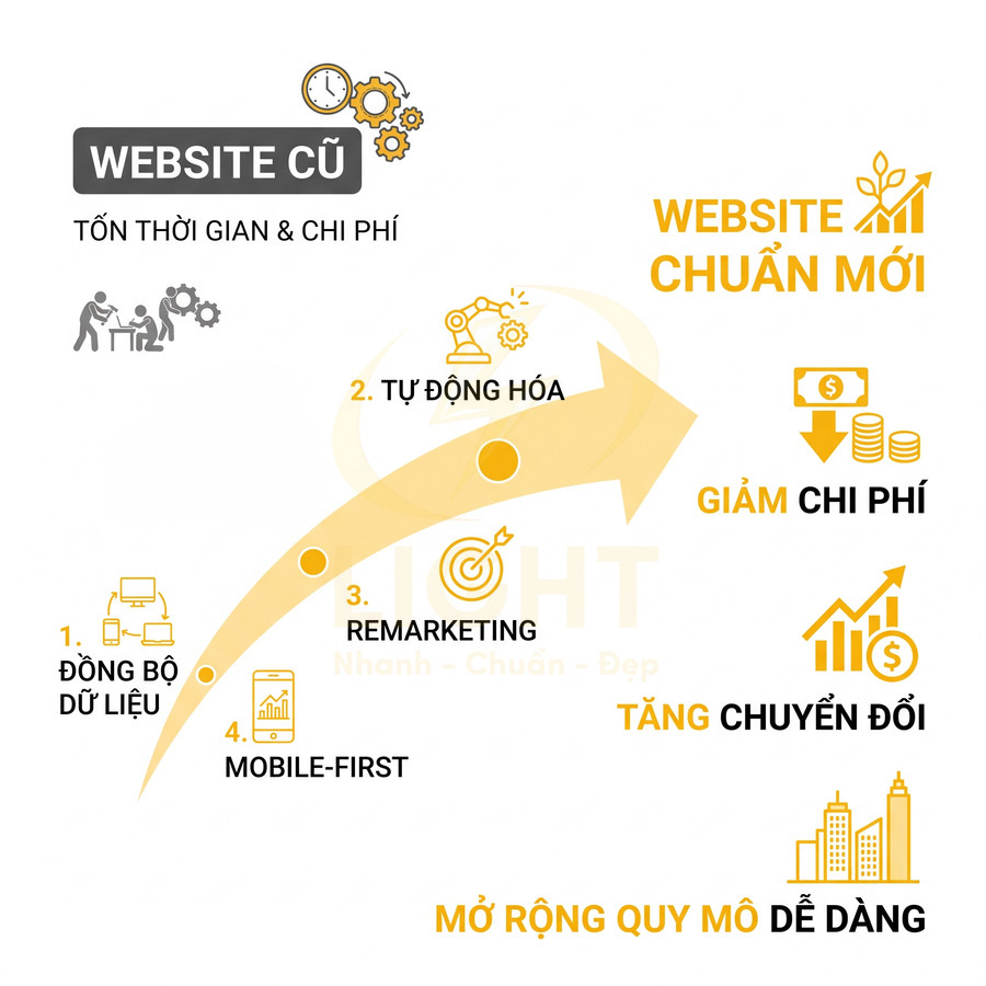So sánh website cũ và website chuẩn mới với các bước đồng bộ dữ liệu, tự động hóa, remarketing, mobile first