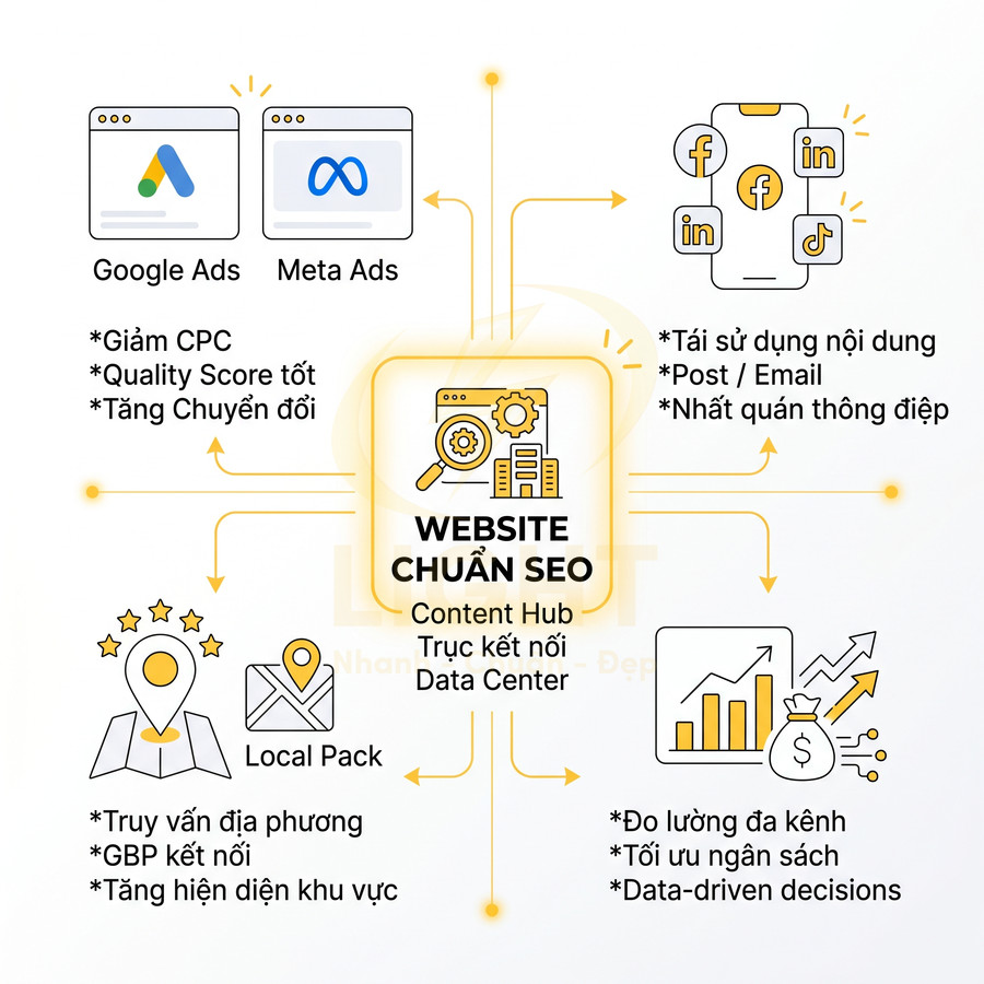 Mô hình website chuẩn SEO làm trung tâm kết nối Google Ads, Meta Ads, mạng xã hội, Local Pack và đo lường đa kênh