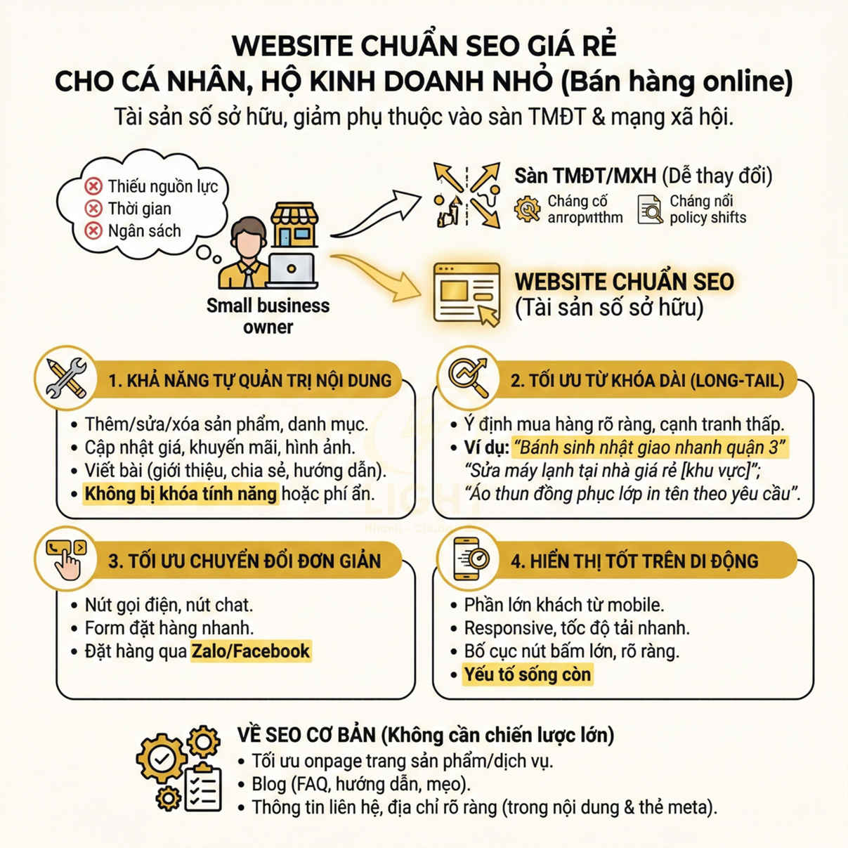 Infographic giới thiệu lợi ích website chuẩn SEO giá rẻ cho cá nhân và hộ kinh doanh nhỏ bán hàng online