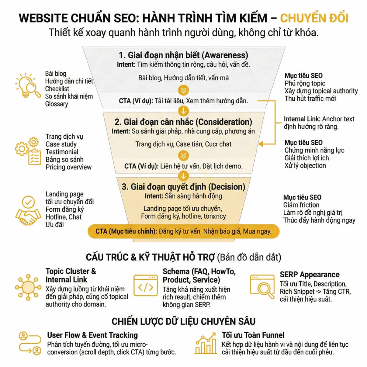 Mô hình hành trình tìm kiếm chuyển đổi với các giai đoạn awareness, consideration, decision và CTA cho website chuẩn SEO
