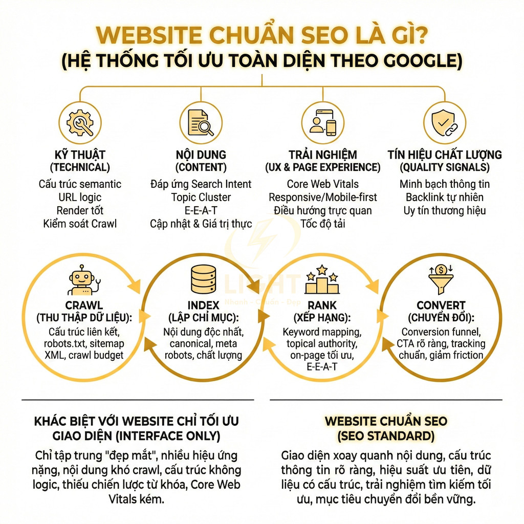 Infographic giải thích website chuẩn SEO với các yếu tố kỹ thuật, nội dung, trải nghiệm, tín hiệu chất lượng và quy trình CRO