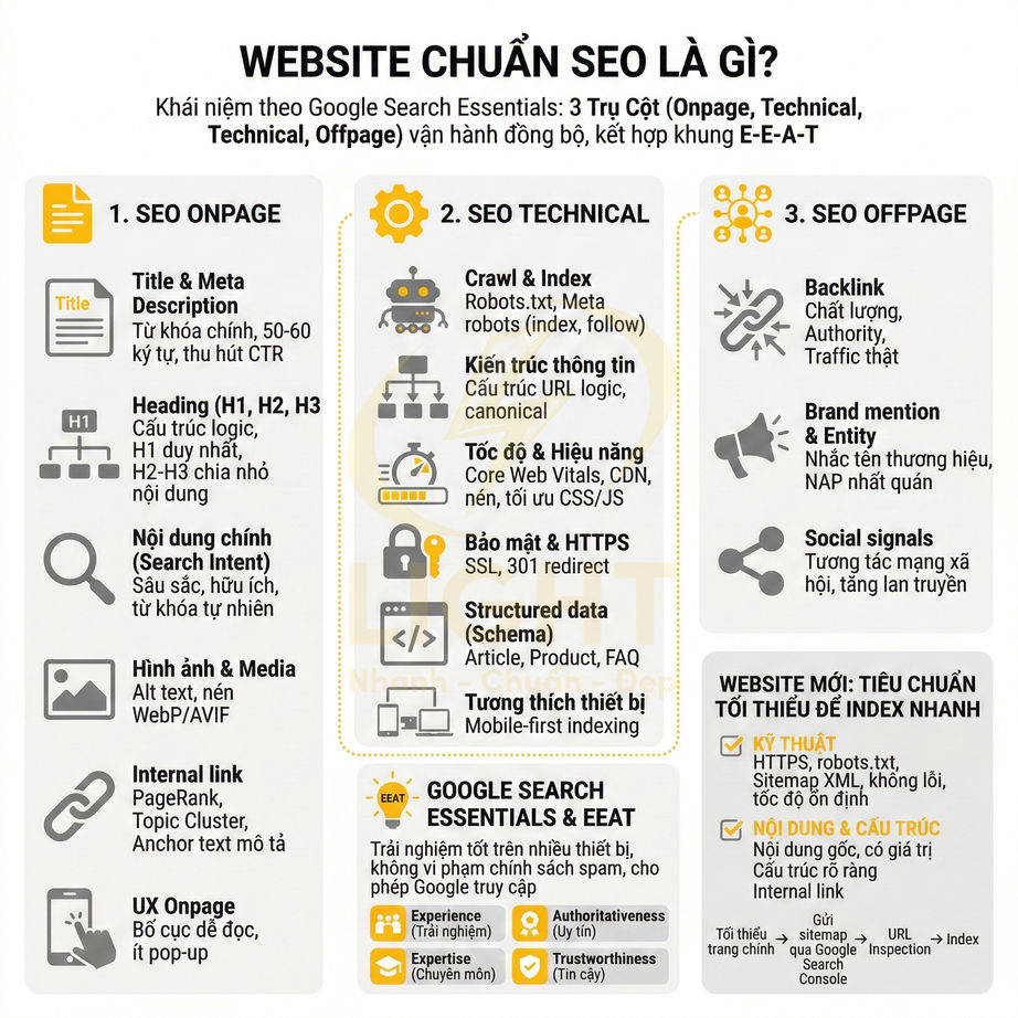 Infographic hướng dẫn tối ưu website chuẩn SEO với 3 trụ cột Onpage Technical Offpage và tiêu chuẩn Google E-E-A-T