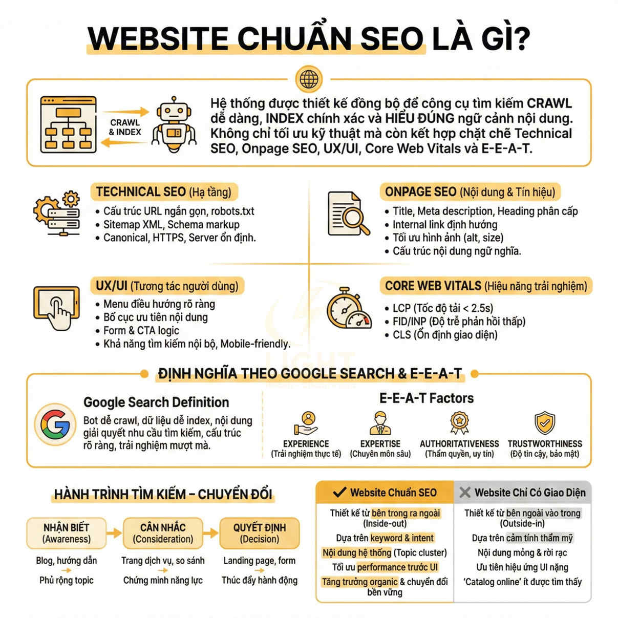 Infographic giải thích website chuẩn SEO gồm technical SEO, onpage SEO, UX UI, Core Web Vitals và hành trình tìm kiếm chuyển đổi