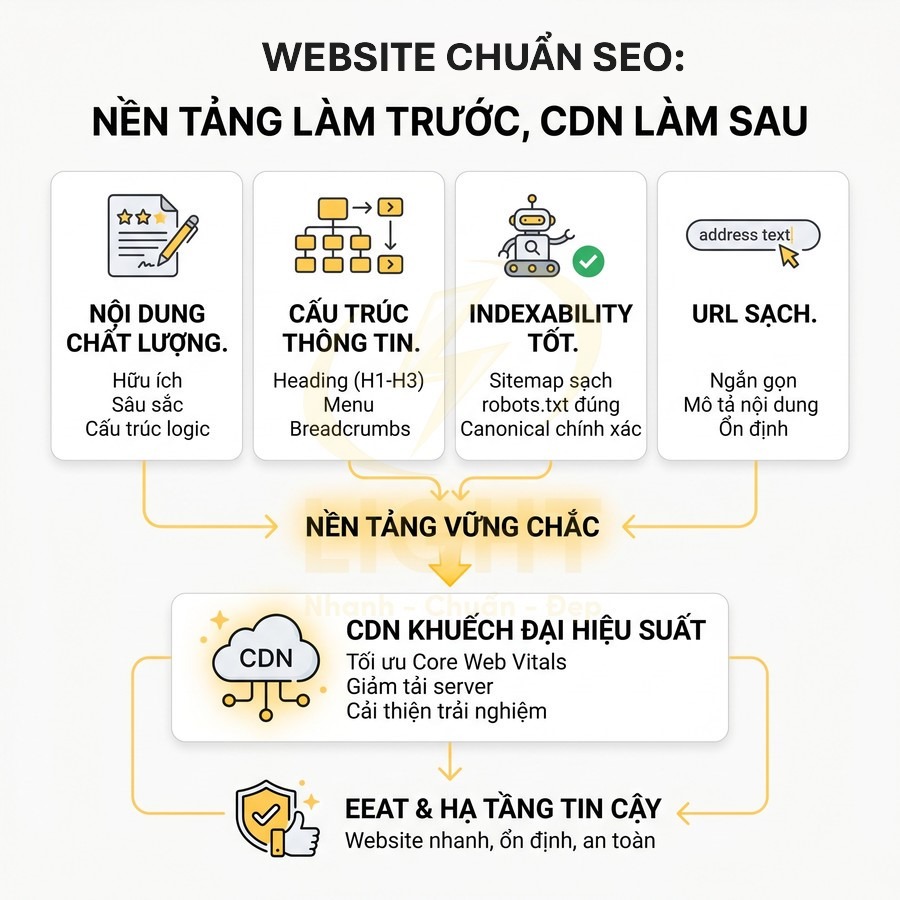 Mô hình hướng dẫn xây dựng website chuẩn SEO với nội dung chất lượng, cấu trúc rõ ràng, URL sạch và dùng CDN tăng hiệu suất