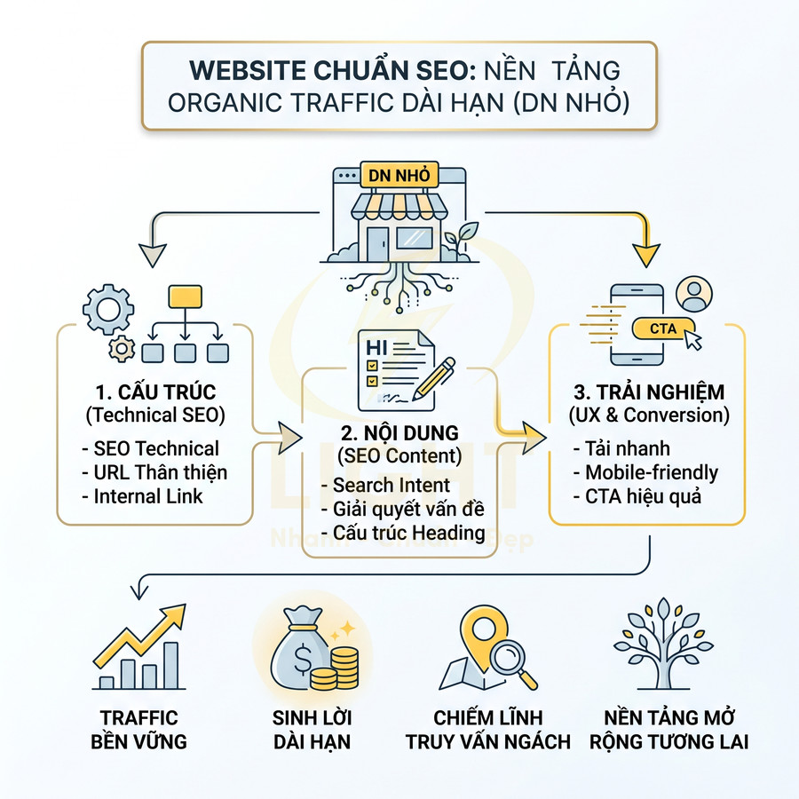 Sơ đồ website chuẩn SEO cho doanh nghiệp nhỏ với cấu trúc, nội dung và trải nghiệm người dùng mang lại traffic bền vững