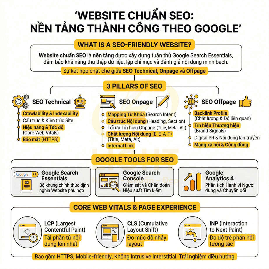 Infographic hướng dẫn xây dựng website chuẩn SEO theo Google với 3 trụ cột SEO và các công cụ Google hỗ trợ