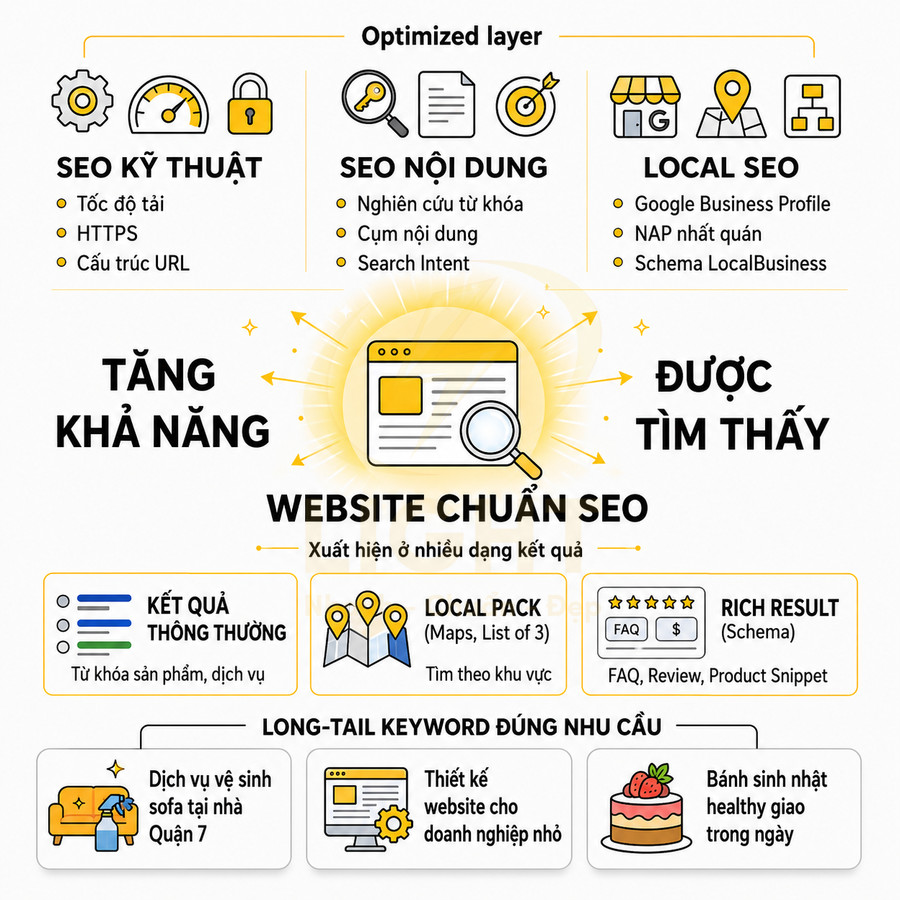Infographic hướng dẫn tối ưu website chuẩn SEO với SEO kỹ thuật, SEO nội dung, local SEO và từ khóa long tail