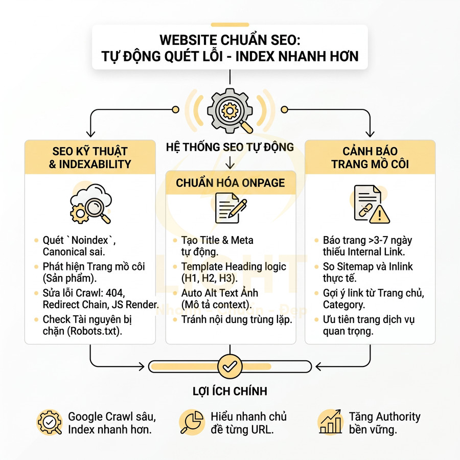 Mô tả hệ thống SEO tự động chuẩn hóa onpage, quét lỗi kỹ thuật và cảnh báo trang mồ côi giúp website index nhanh hơn
