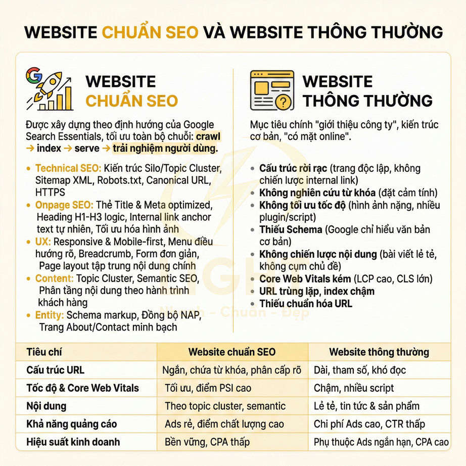Bảng so sánh website chuẩn SEO và website thông thường về cấu trúc, nội dung, tốc độ và hiệu suất kinh doanh