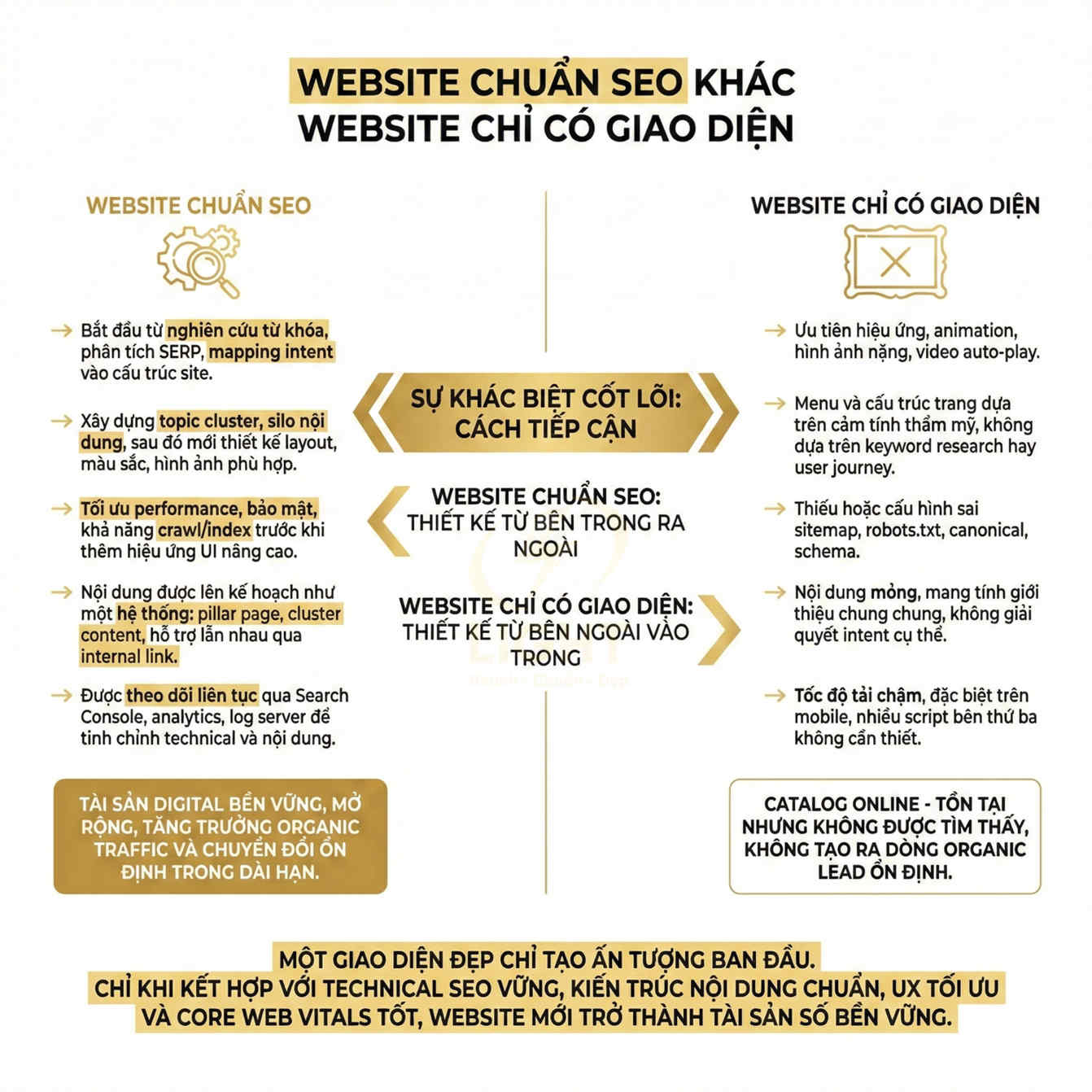 Infographic so sánh website chuẩn SEO và website chỉ có giao diện, nêu khác biệt về cấu trúc, nội dung và hiệu quả organic traffic