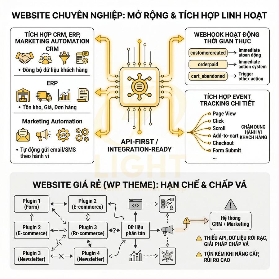 So sánh website chuyên nghiệp API first tích hợp CRM ERP marketing automation với website giá rẻ dùng nhiều plugin rời rạc