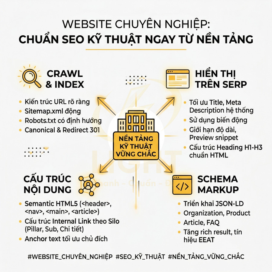 Checklist nền tảng kỹ thuật SEO cho website chuyên nghiệp gồm crawl index, cấu trúc nội dung, hiển thị SERP, schema markup