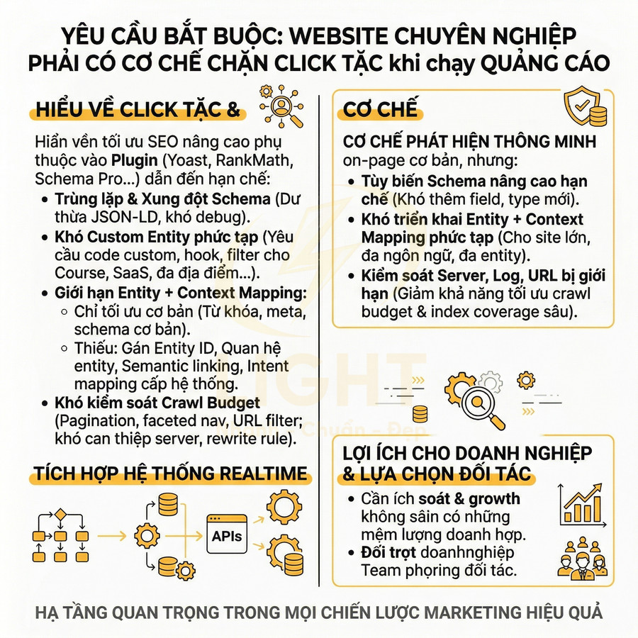 Infographic yêu cầu website có cơ chế chặn click tặc khi chạy quảng cáo và lợi ích cho doanh nghiệp
