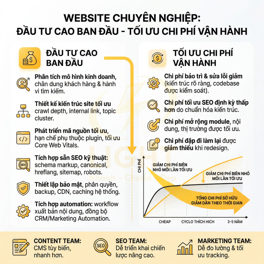 Infographic so sánh đầu tư website chuyên nghiệp ban đầu với tối ưu chi phí vận hành và lợi ích SEO, bảo trì, marketing