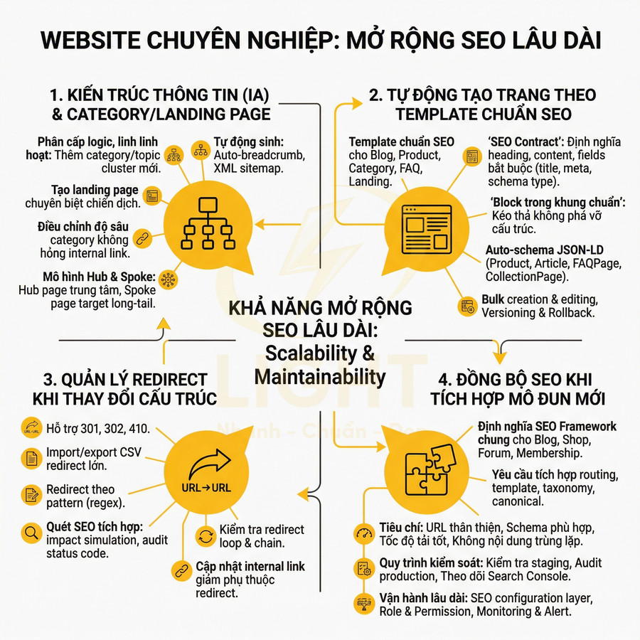 Infographic quy trình xây dựng website chuyên nghiệp tối ưu SEO lâu dài với kiến trúc, template, redirect và đồng bộ module