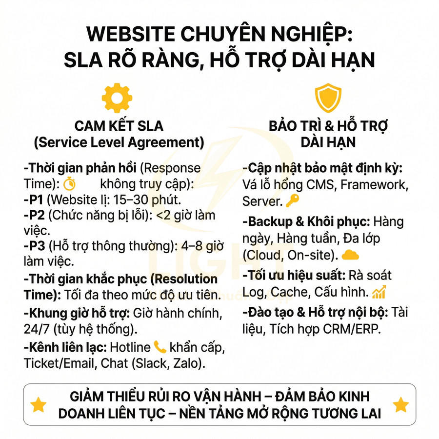 Mô tả cam kết SLA, bảo trì và hỗ trợ dài hạn cho dịch vụ thiết kế và vận hành website chuyên nghiệp