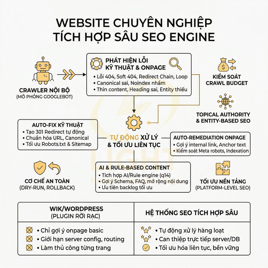 Sơ đồ hệ thống website chuyên nghiệp tích hợp sâu SEO Engine với các tính năng tự động xử lý và tối ưu SEO