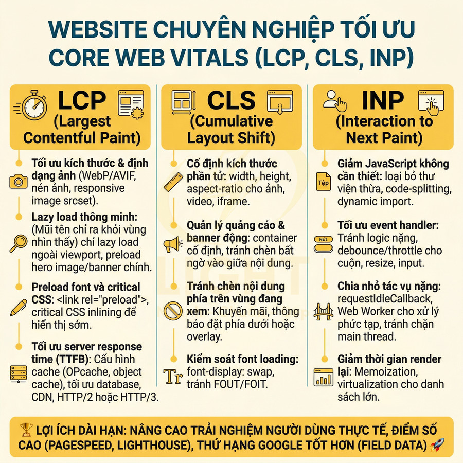 Infographic tối ưu Core Web Vitals LCP CLS INP với checklist kỹ thuật cải thiện hiệu suất website