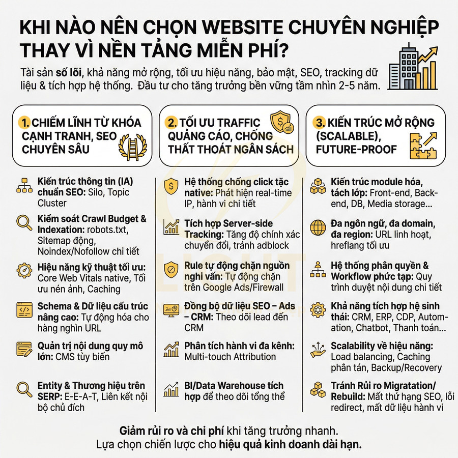 Infographic so sánh website chuyên nghiệp và nền tảng miễn phí, nêu lợi ích về SEO, quảng cáo, kiến trúc mở rộng