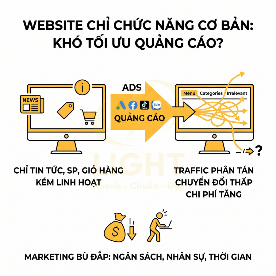 Minh họa website cơ bản khó tối ưu quảng cáo, traffic phân tán, chuyển đổi thấp và tốn nhiều chi phí marketing