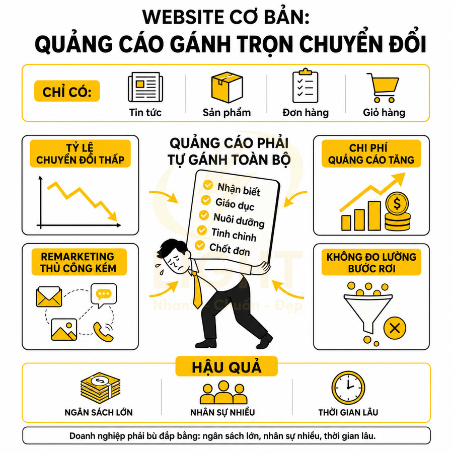 Infographic website cơ bản khiến quảng cáo gánh trọn chuyển đổi, chi phí tăng và doanh nghiệp tốn ngân sách nhân sự thời gian